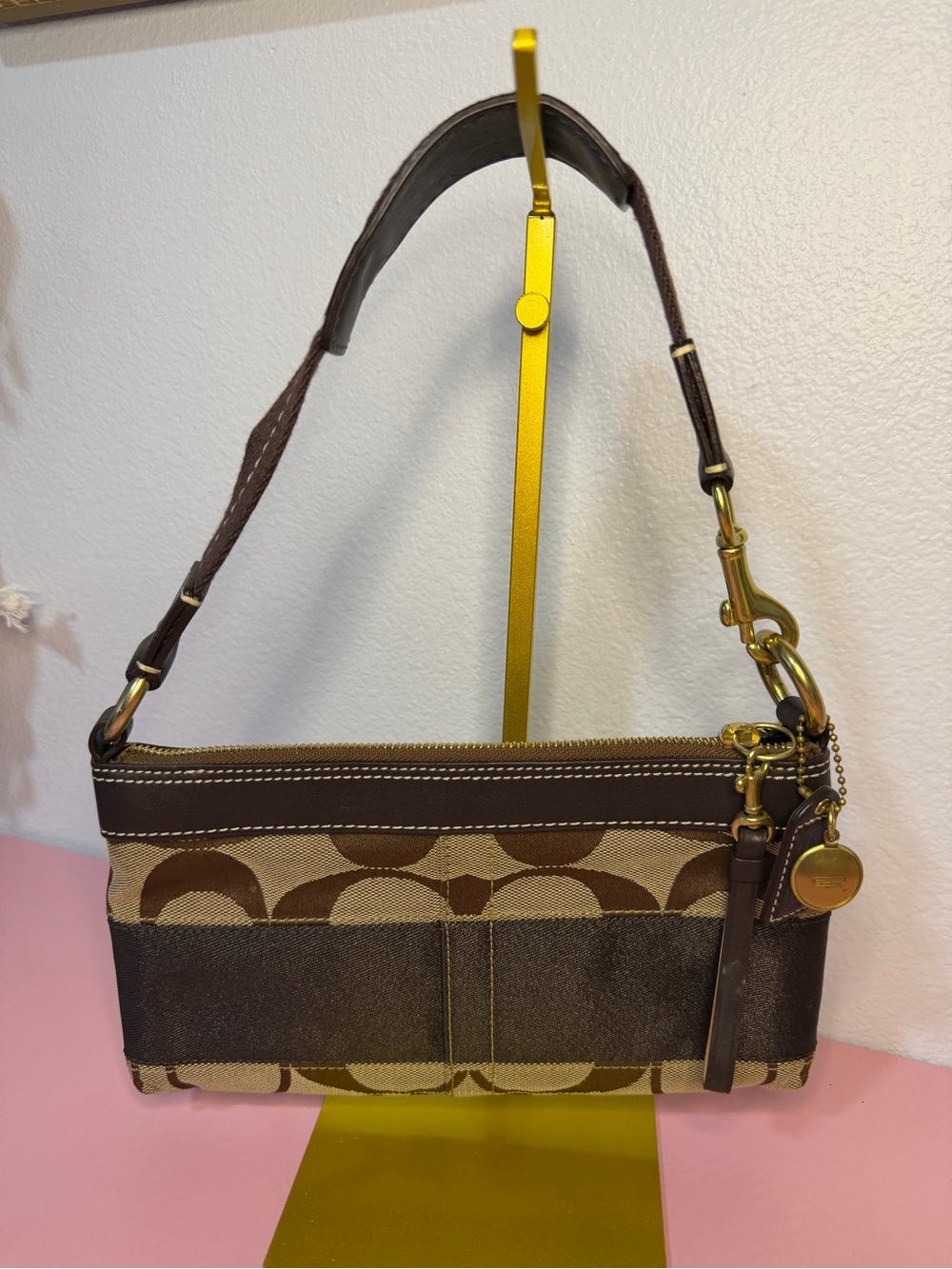 Coach Brown Signature Logo Shoulder Pouch with Leather Trim